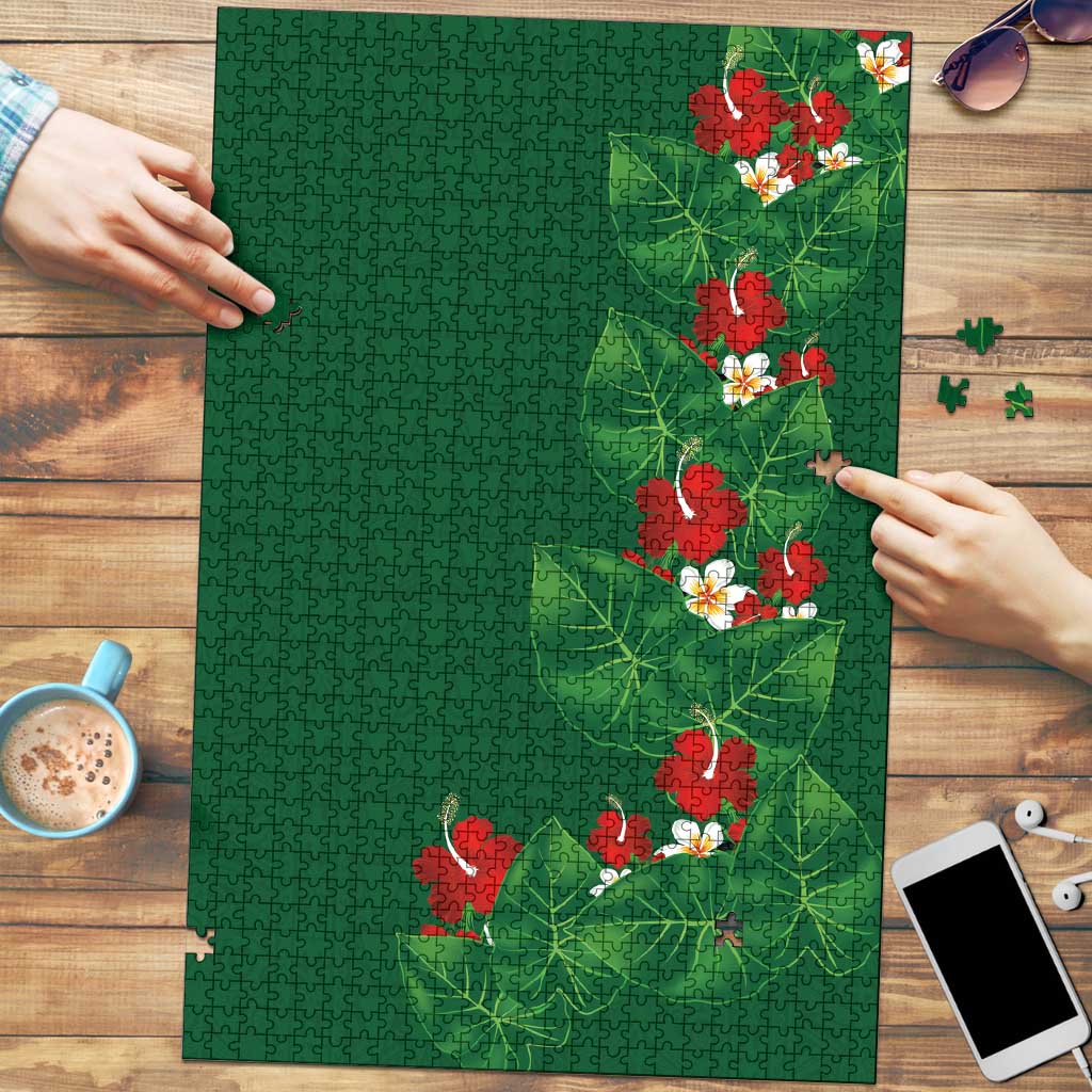 Hawaiian Taro Leaves-Hibiscus and Plumeria Puzzle Polynesian Art-Kakau Tattoo Green