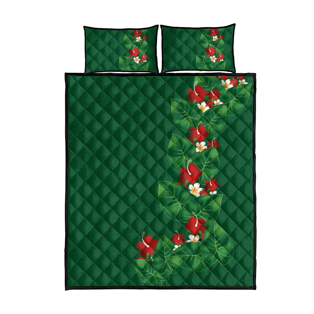 Hawaiian Taro Leaves-Hibiscus and Plumeria Quilt Bed Set Polynesian Art-Kakau Tattoo Green LT03 - Polynesian Pride
