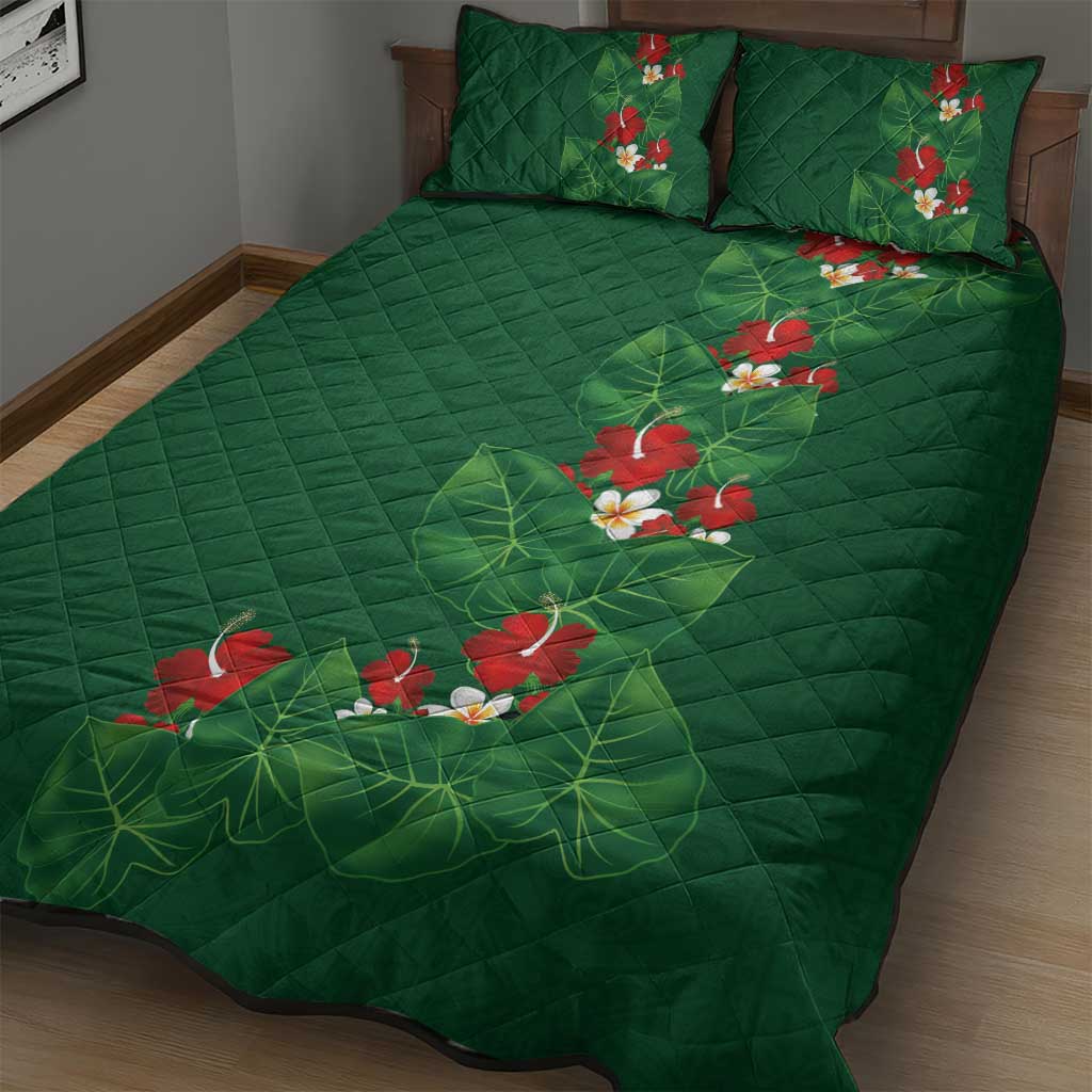 Hawaiian Taro Leaves-Hibiscus and Plumeria Quilt Bed Set Polynesian Art-Kakau Tattoo Green LT03 - Polynesian Pride
