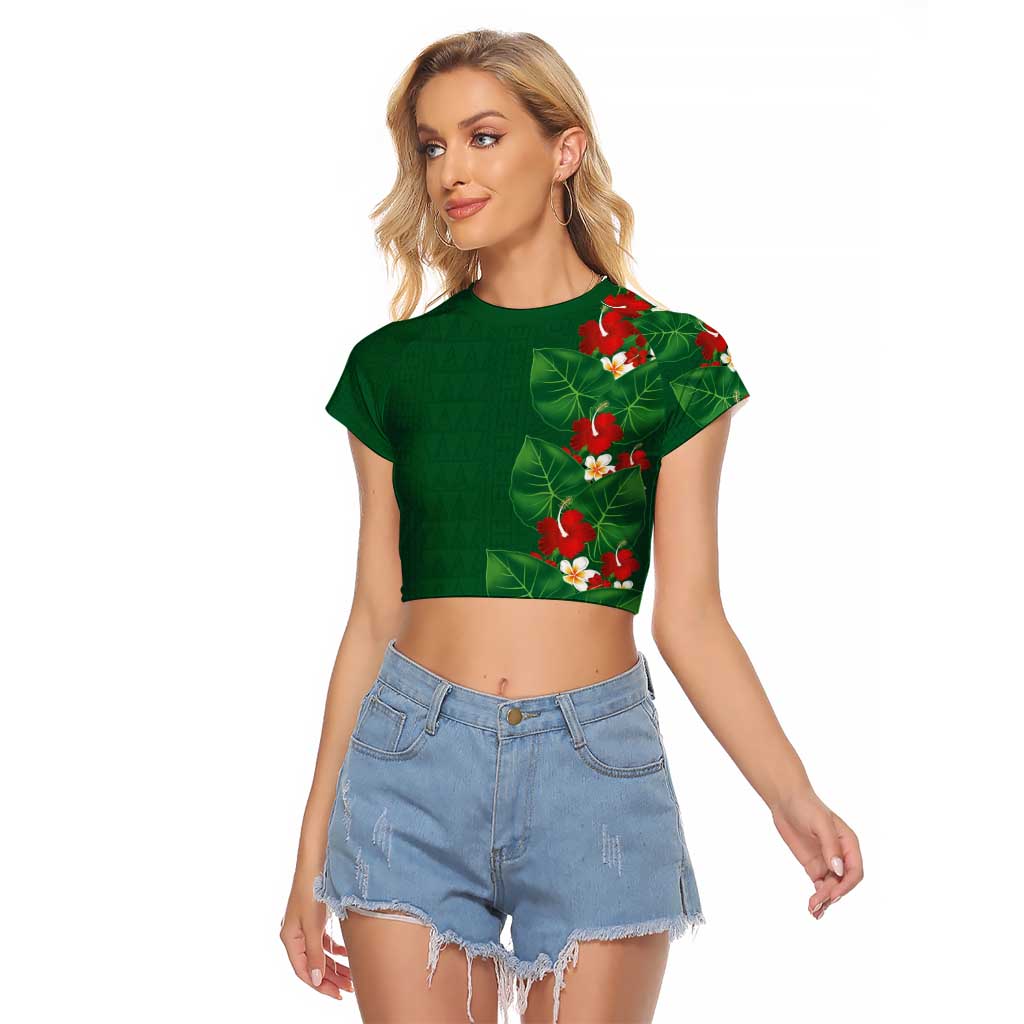 Hawaiian Taro Leaves-Hibiscus and Plumeria Raglan Cropped T Shirt Polynesian Art-Kakau Tattoo Green