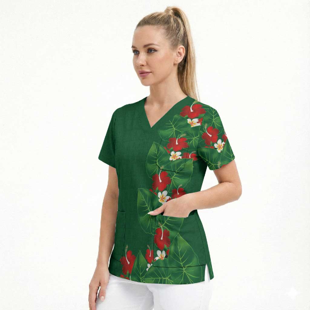 Hawaiian Taro Leaves-Hibiscus and Plumeria Scrub Top Polynesian Art-Kakau Tattoo Green LT03 - Polynesian Pride