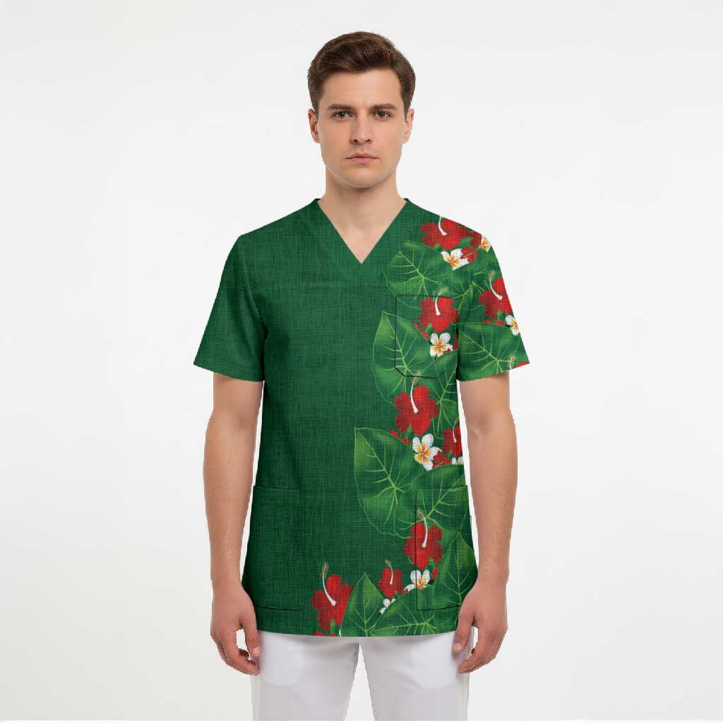 Hawaiian Taro Leaves-Hibiscus and Plumeria Scrub Top Polynesian Art-Kakau Tattoo Green LT03 - Polynesian Pride