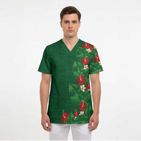 Hawaiian Taro Leaves-Hibiscus and Plumeria Scrub Top Polynesian Art-Kakau Tattoo Green LT03 - Polynesian Pride