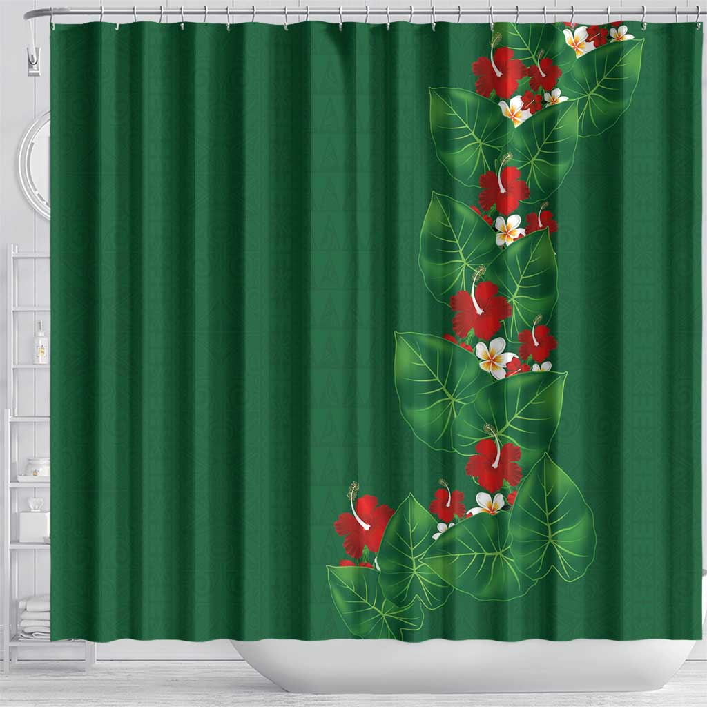 Hawaiian Taro Leaves-Hibiscus and Plumeria Shower Curtain Polynesian Art-Kakau Tattoo Green