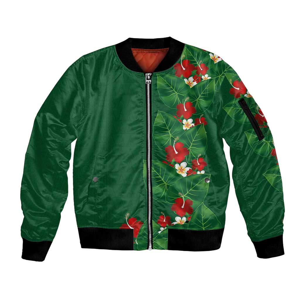 Hawaiian Taro Leaves-Hibiscus and Plumeria Sleeve Zip Bomber Jacket Polynesian Art-Kakau Tattoo Green LT03 Unisex Green - Polynesian Pride