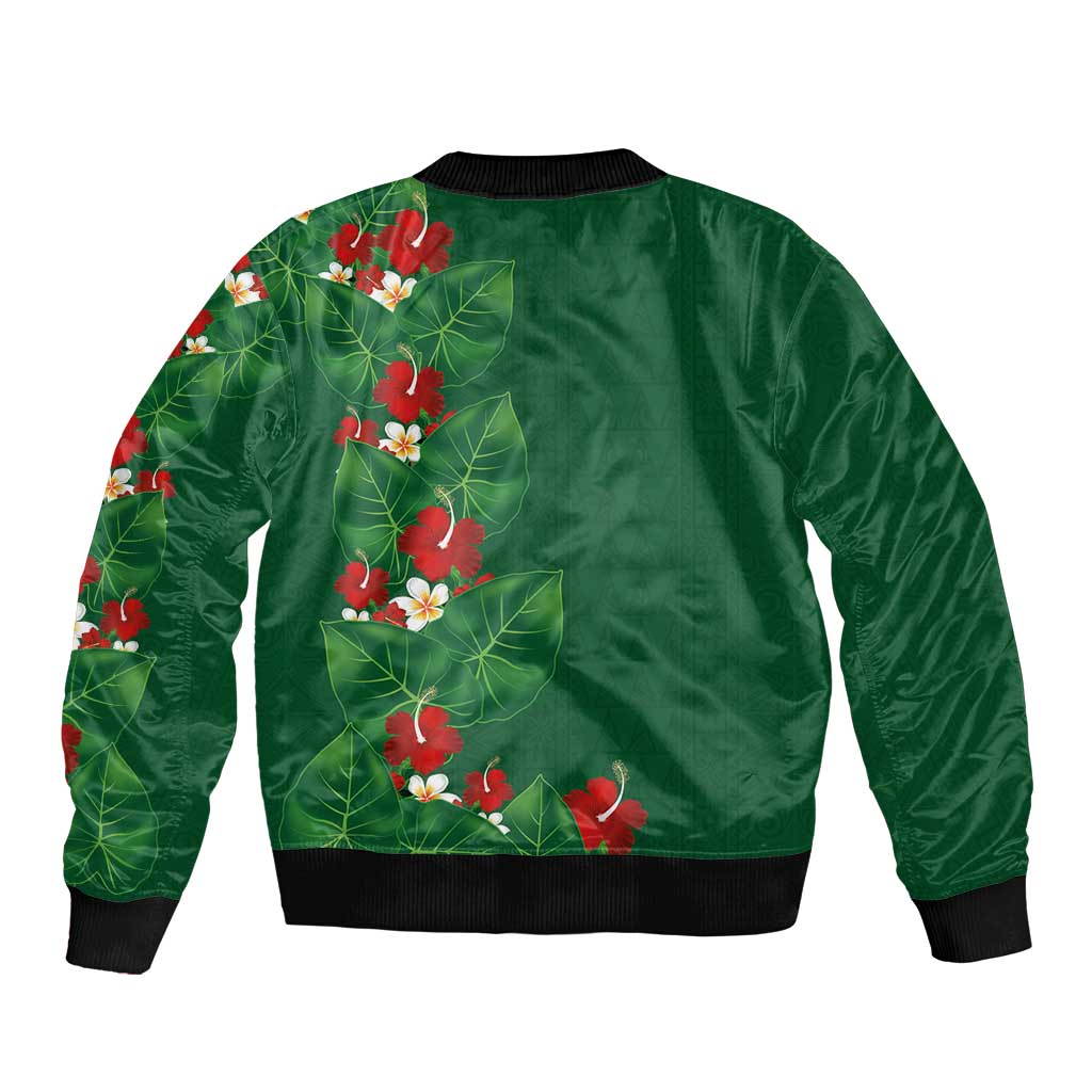 Hawaiian Taro Leaves-Hibiscus and Plumeria Sleeve Zip Bomber Jacket Polynesian Art-Kakau Tattoo Green LT03 - Polynesian Pride