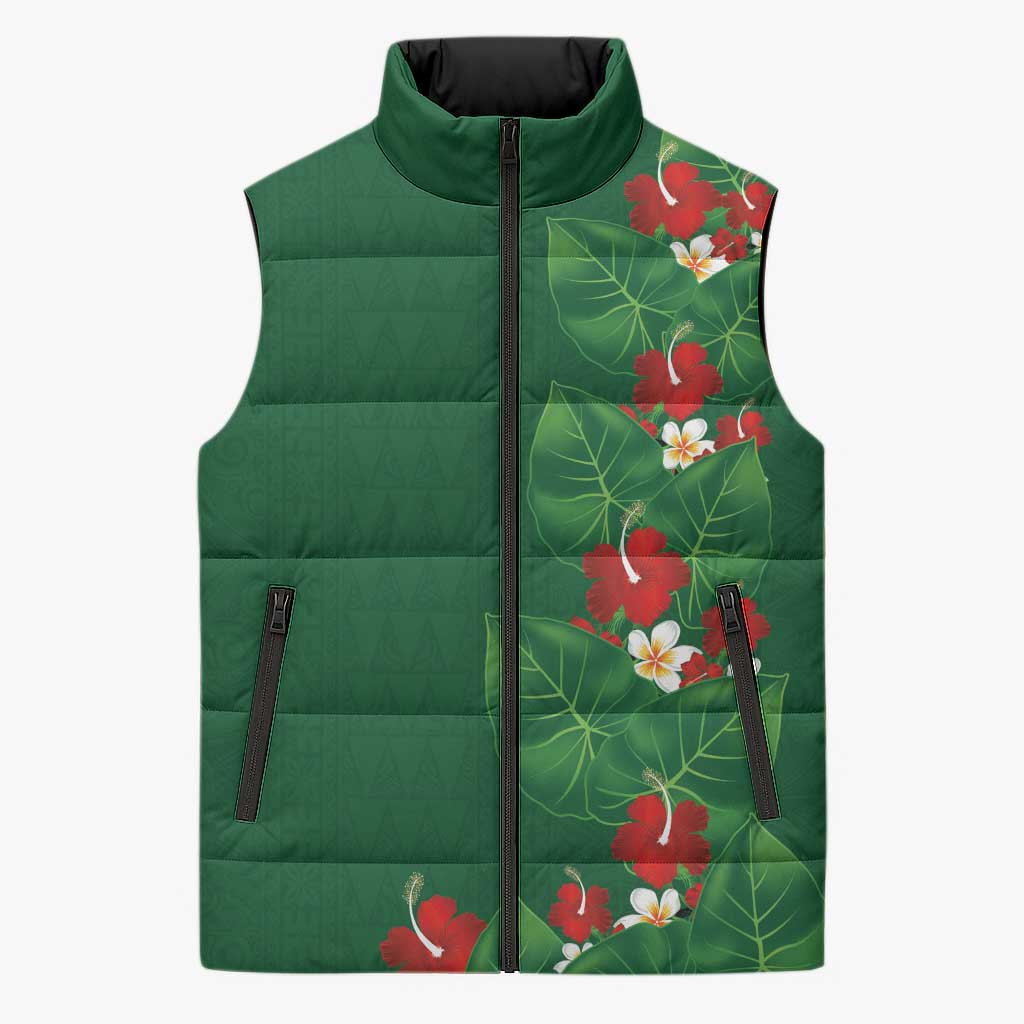 Hawaiian Taro Leaves-Hibiscus and Plumeria Sleeveless Puffer Jacket Polynesian Art-Kakau Tattoo Green LT03 Unisex Green - Polynesian Pride