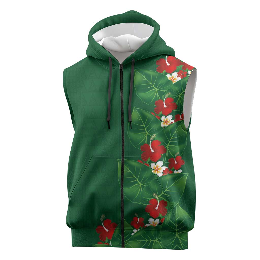 Hawaiian Taro Leaves-Hibiscus and Plumeria Sleeveless Zip Hoodie Polynesian Art-Kakau Tattoo Green