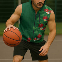 Hawaiian Taro Leaves-Hibiscus and Plumeria Sleeveless Zip Hoodie Polynesian Art-Kakau Tattoo Green