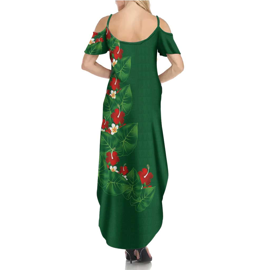 Hawaiian Taro Leaves-Hibiscus and Plumeria Summer Maxi Dress Polynesian Art-Kakau Tattoo Green