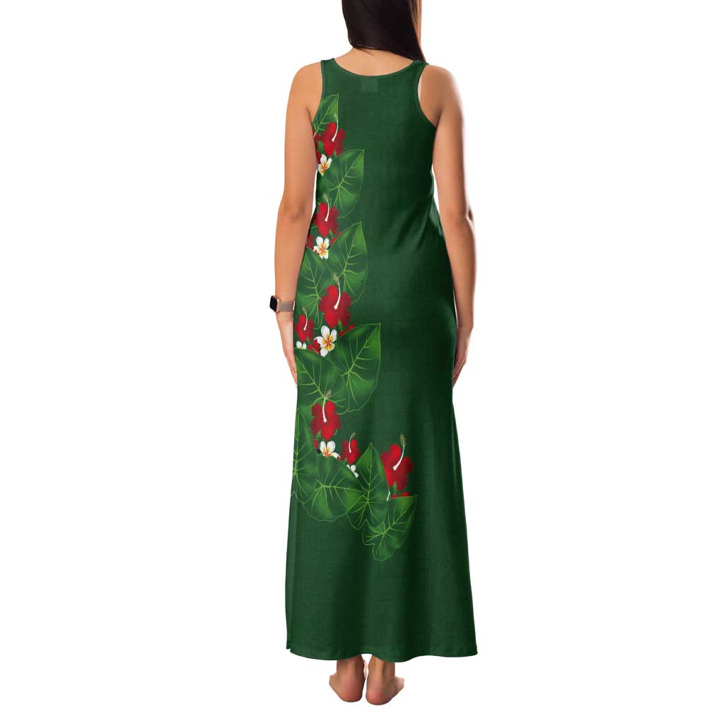 Hawaiian Taro Leaves-Hibiscus and Plumeria Tank Maxi Dress Polynesian Art-Kakau Tattoo Green