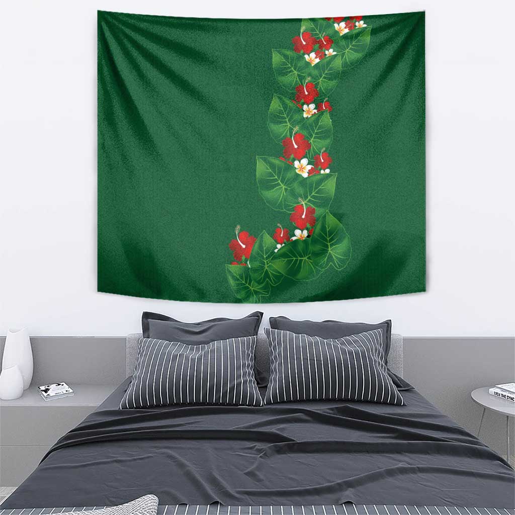 Hawaiian Taro Leaves-Hibiscus and Plumeria Tapestry Polynesian Art-Kakau Tattoo Green LT03 - Polynesian Pride
