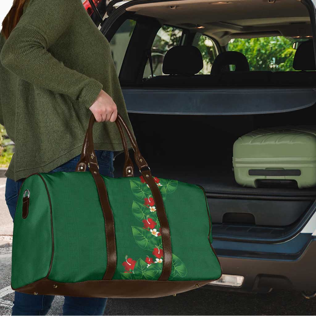 Hawaiian Taro Leaves-Hibiscus and Plumeria Travel Bag Polynesian Art-Kakau Tattoo Green