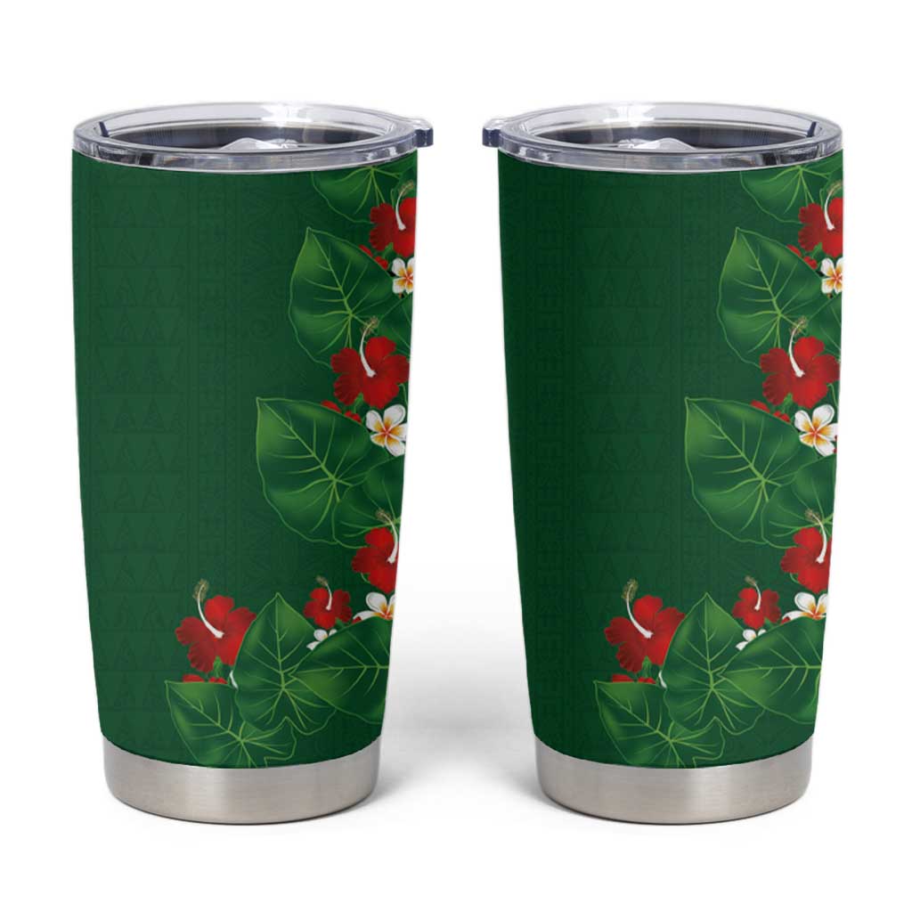 Hawaiian Taro Leaves-Hibiscus and Plumeria Tumbler Cup Polynesian Art-Kakau Tattoo Green