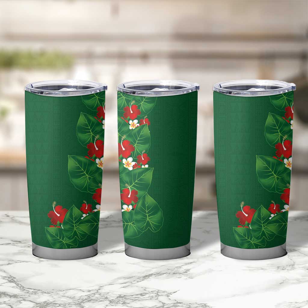 Hawaiian Taro Leaves-Hibiscus and Plumeria Tumbler Cup Polynesian Art-Kakau Tattoo Green