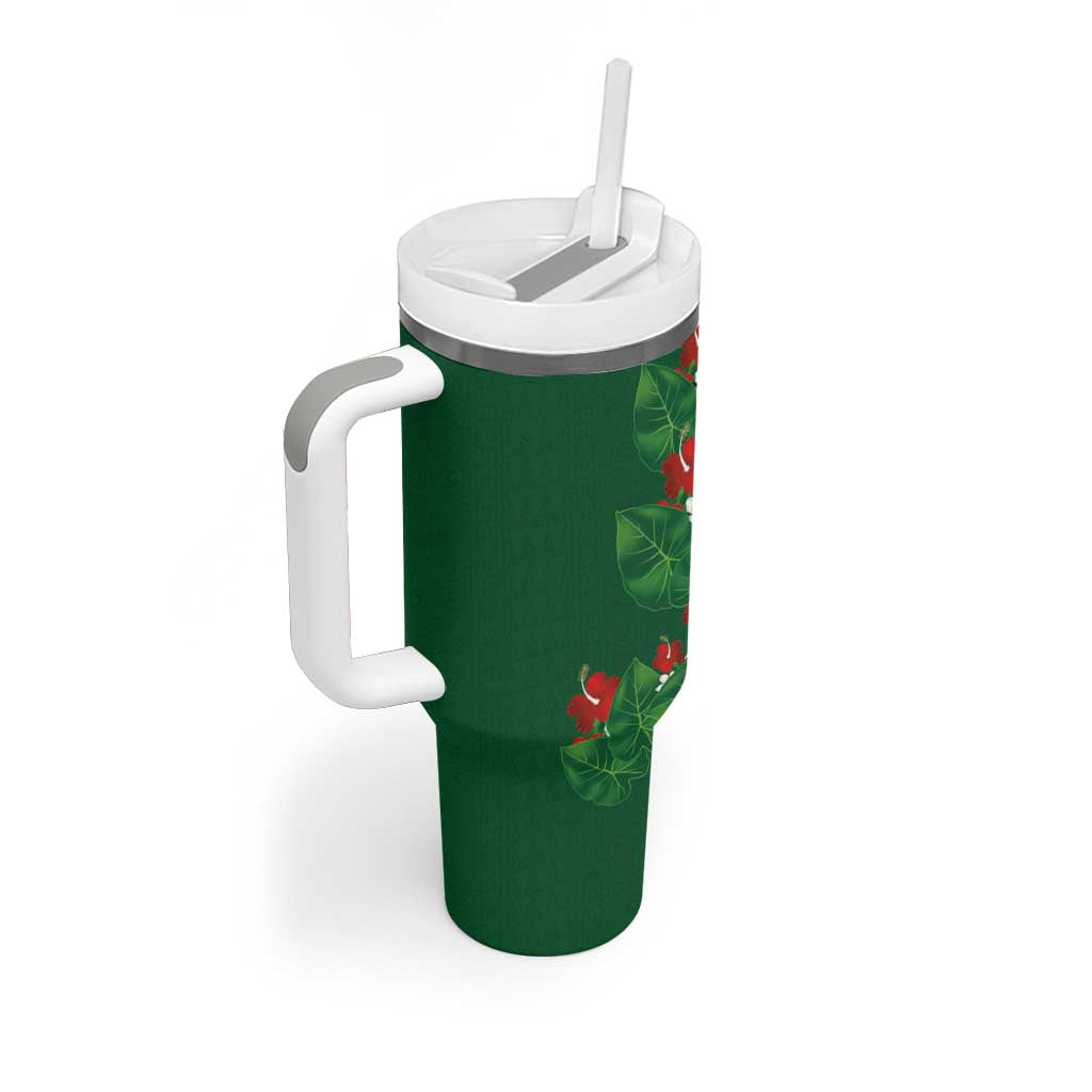 Hawaiian Taro Leaves-Hibiscus and Plumeria Tumbler With Handle Polynesian Art-Kakau Tattoo Green