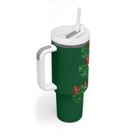 Hawaiian Taro Leaves-Hibiscus and Plumeria Tumbler With Handle Polynesian Art-Kakau Tattoo Green
