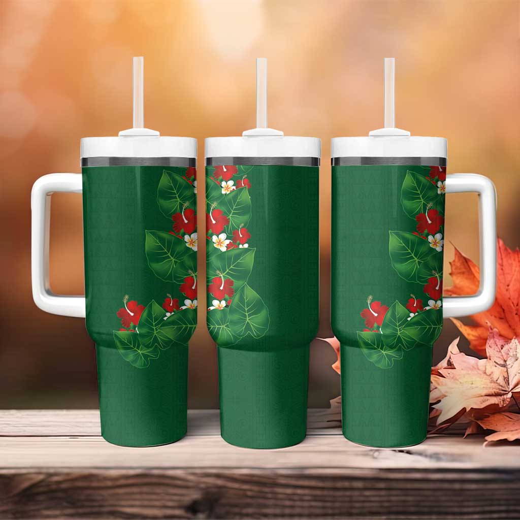 Hawaiian Taro Leaves-Hibiscus and Plumeria Tumbler With Handle Polynesian Art-Kakau Tattoo Green
