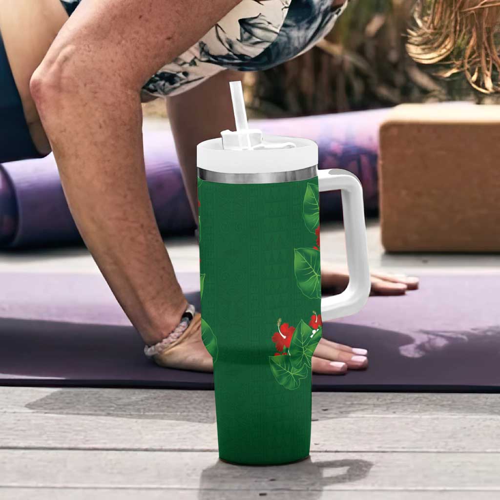 Hawaiian Taro Leaves-Hibiscus and Plumeria Tumbler With Handle Polynesian Art-Kakau Tattoo Green