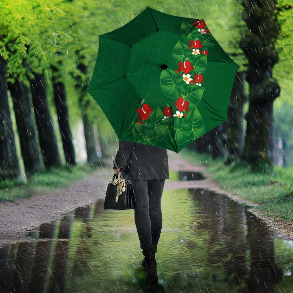 Hawaiian Taro Leaves-Hibiscus and Plumeria Umbrella Polynesian Art-Kakau Tattoo Green LT03 - Polynesian Pride