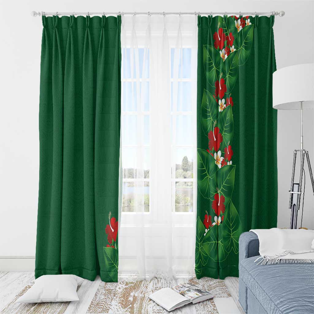Hawaiian Taro Leaves-Hibiscus and Plumeria Window Curtain Polynesian Art-Kakau Tattoo Green LT03 - Polynesian Pride