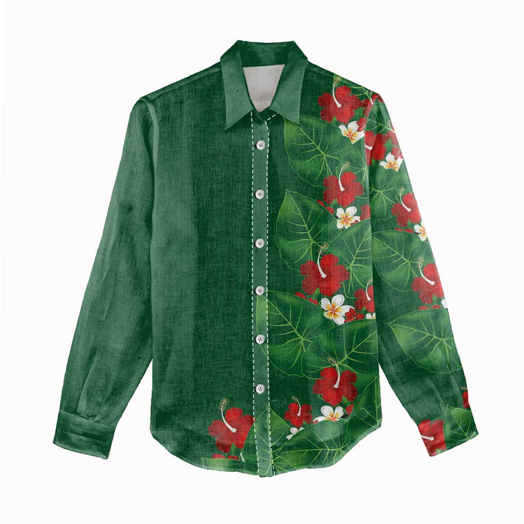 Hawaiian Taro Leaves-Hibiscus and Plumeria Women Casual Shirt Polynesian Art-Kakau Tattoo Green LT03 - Polynesian Pride