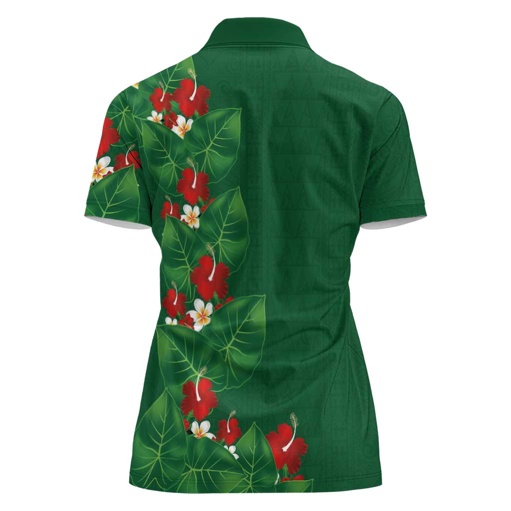Hawaiian Taro Leaves-Hibiscus and Plumeria Women Polo Shirt Polynesian Art-Kakau Tattoo Green LT03 - Polynesian Pride
