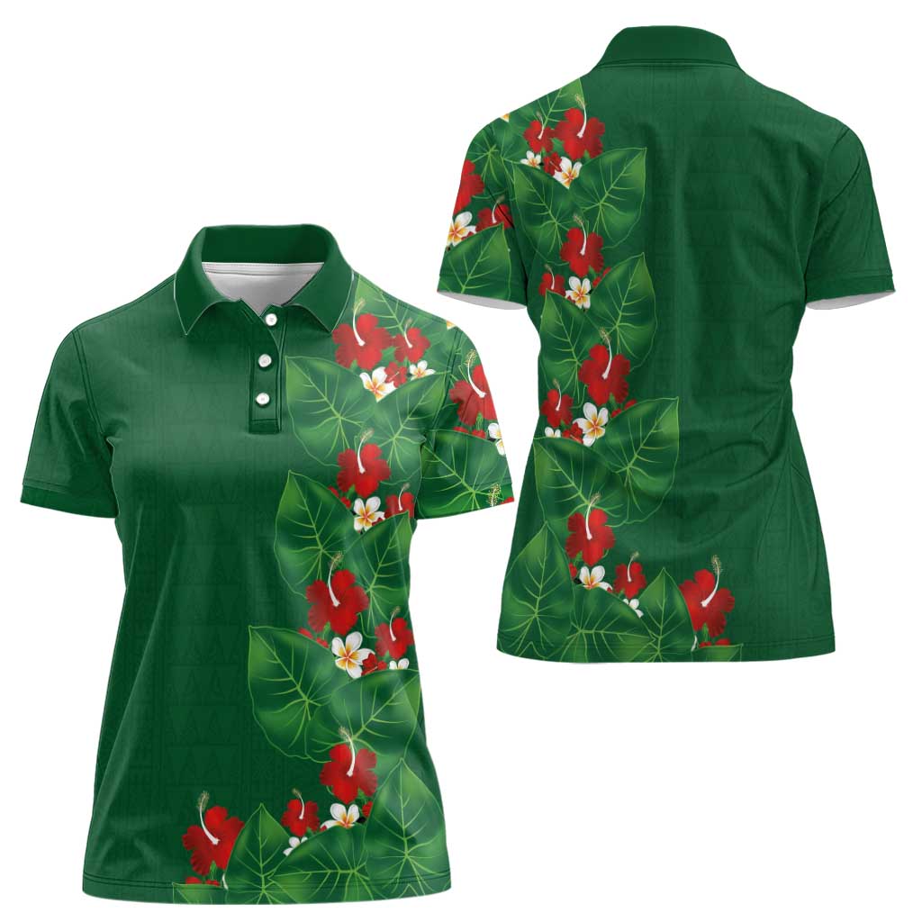 Hawaiian Taro Leaves-Hibiscus and Plumeria Women Polo Shirt Polynesian Art-Kakau Tattoo Green LT03 - Polynesian Pride