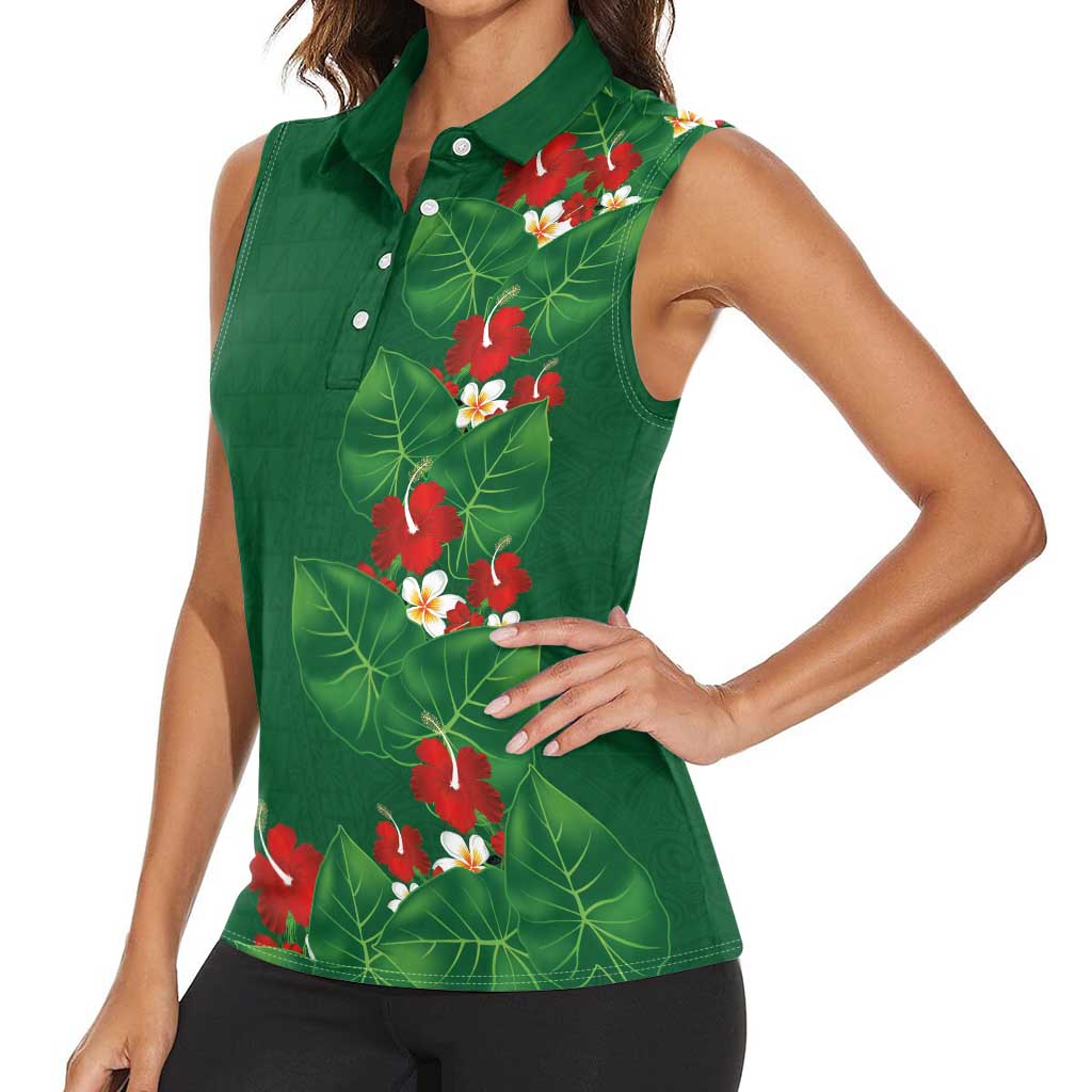 Hawaiian Taro Leaves-Hibiscus and Plumeria Women Sleeveless Polo Shirt Polynesian Art-Kakau Tattoo Green LT03 - Polynesian Pride