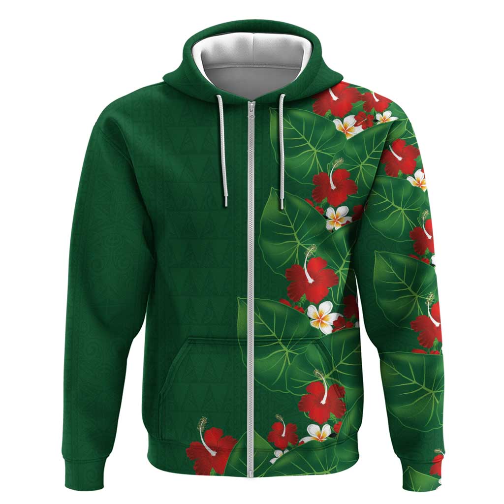 Hawaiian Taro Leaves-Hibiscus and Plumeria Zip Hoodie Polynesian Art-Kakau Tattoo Green