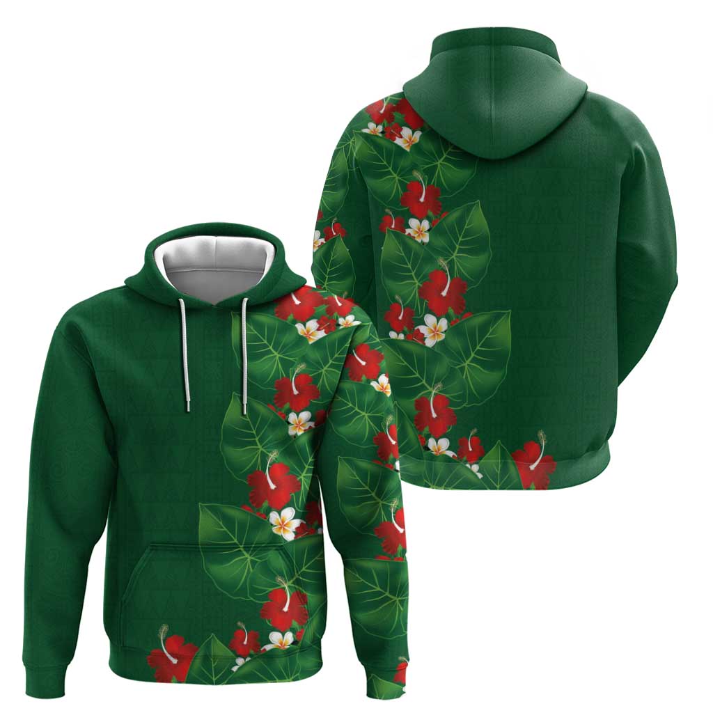 Hawaiian Taro Leaves-Hibiscus and Plumeria Zip Hoodie Polynesian Art-Kakau Tattoo Green