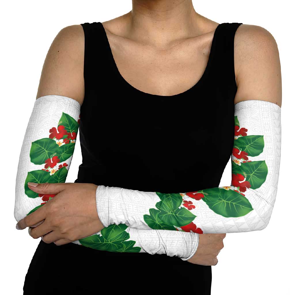 Hawaiian Taro Leaves-Hibiscus and Plumeria Arm Sleeves Polynesian Art-Kakau Tattoo White LT03 - Polynesian Pride
