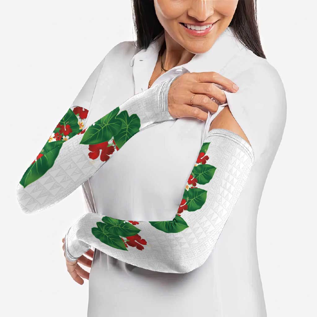 Hawaiian Taro Leaves-Hibiscus and Plumeria Arm Sleeves Polynesian Art-Kakau Tattoo White LT03 - Polynesian Pride