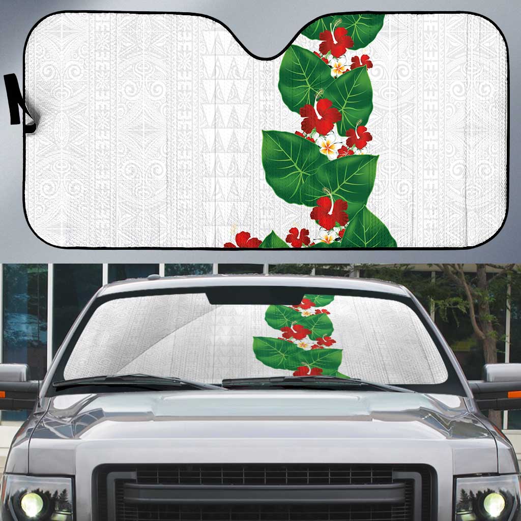 Hawaiian Taro Leaves-Hibiscus and Plumeria Auto Sun Shade Polynesian Art-Kakau Tattoo White
