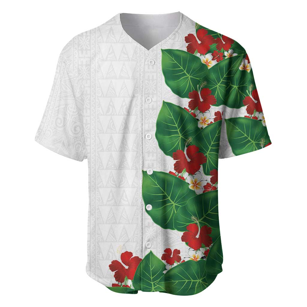 Hawaiian Taro Leaves-Hibiscus and Plumeria Baseball Jersey Polynesian Art-Kakau Tattoo White LT03 White - Polynesian Pride