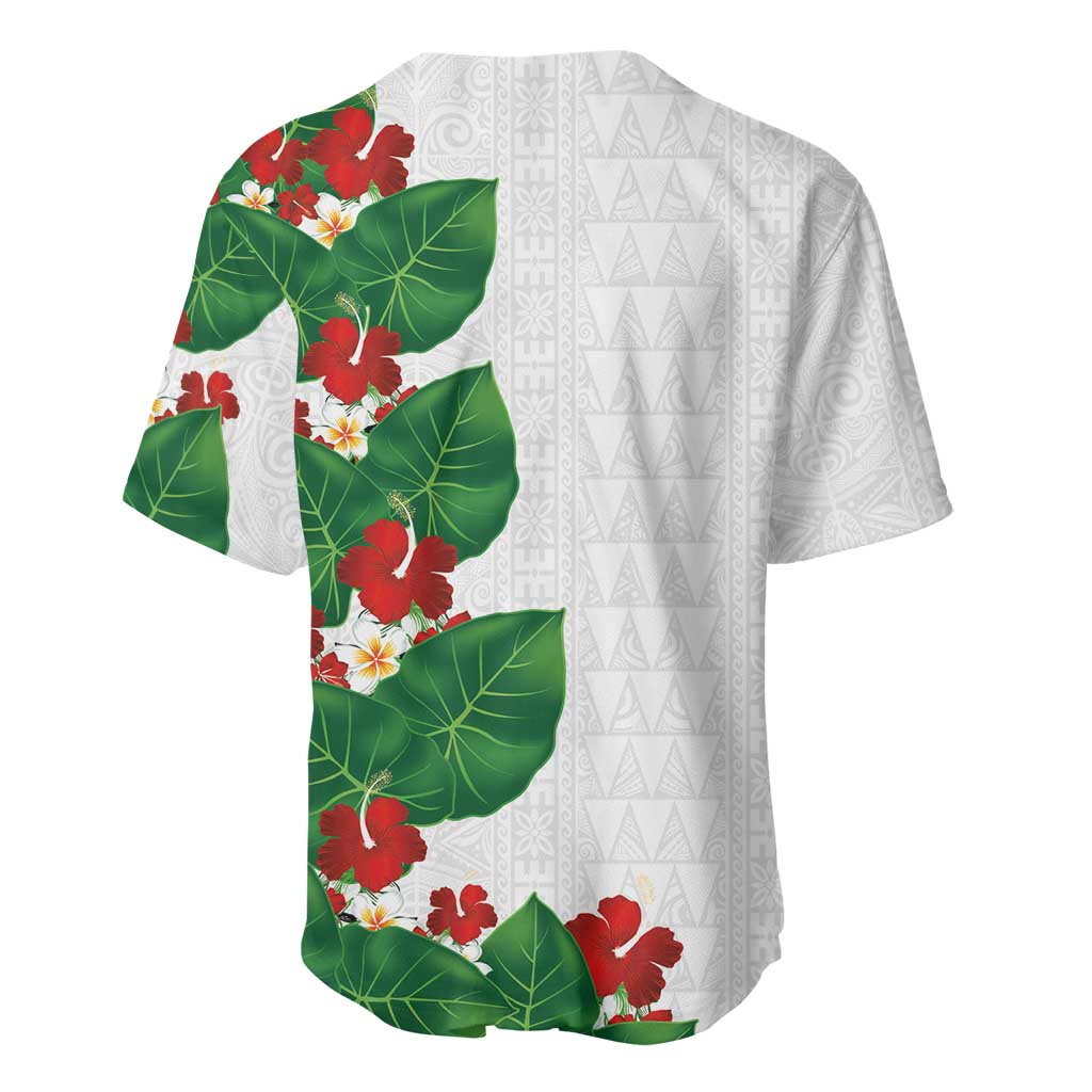 Hawaiian Taro Leaves-Hibiscus and Plumeria Baseball Jersey Polynesian Art-Kakau Tattoo White LT03 - Polynesian Pride