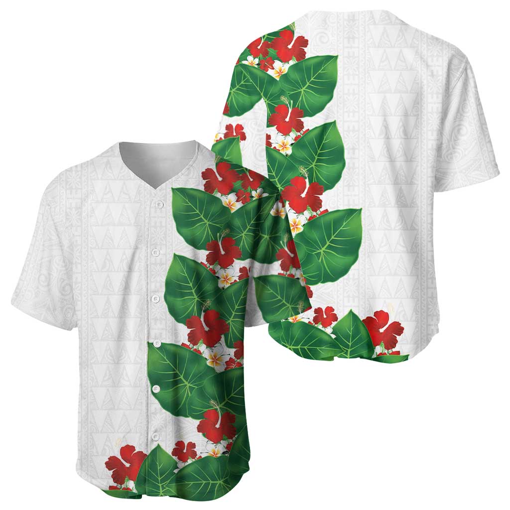 Hawaiian Taro Leaves-Hibiscus and Plumeria Baseball Jersey Polynesian Art-Kakau Tattoo White LT03 - Polynesian Pride