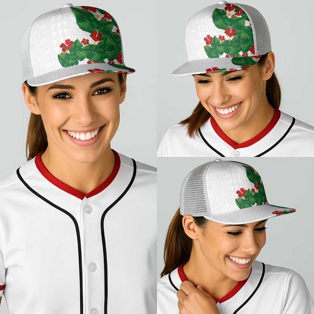 Hawaiian Taro Leaves-Hibiscus and Plumeria Baseball Net Cap Polynesian Art-Kakau Tattoo White LT03 - Polynesian Pride