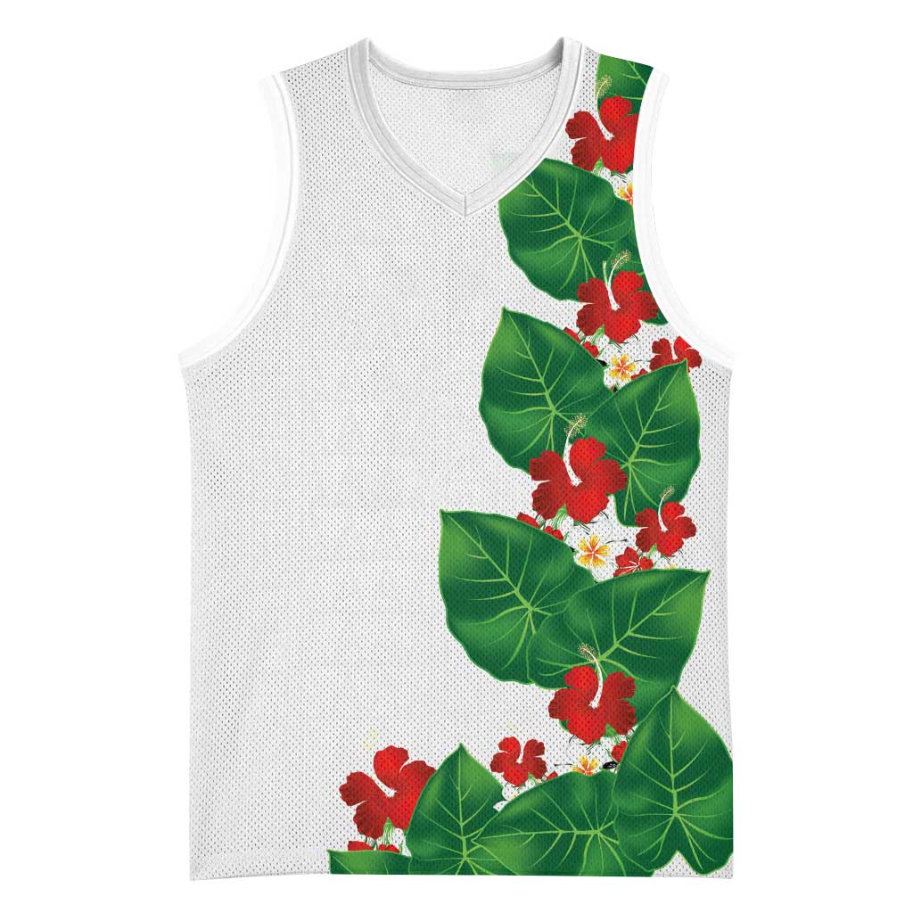 Hawaiian Taro Leaves-Hibiscus and Plumeria Basketball Jersey Polynesian Art-Kakau Tattoo White