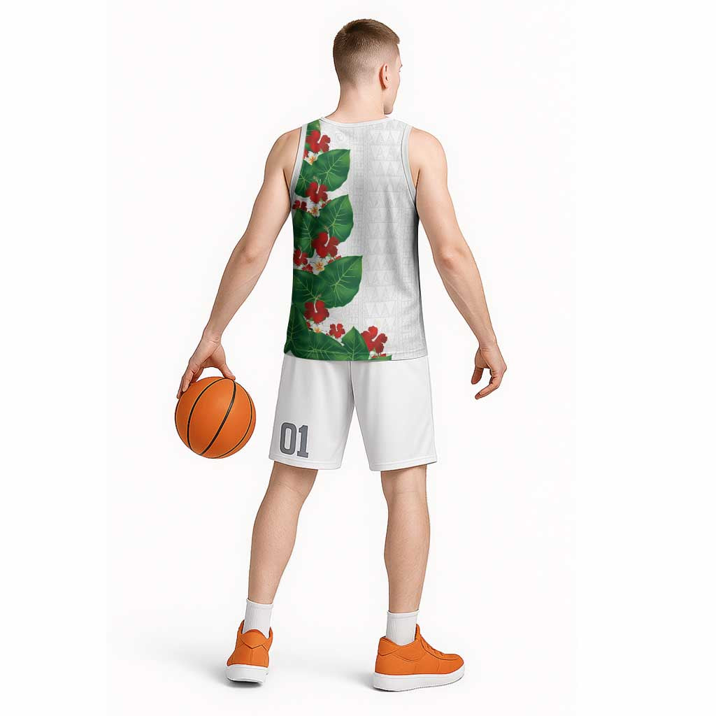 Hawaiian Taro Leaves-Hibiscus and Plumeria Basketball Jersey Polynesian Art-Kakau Tattoo White