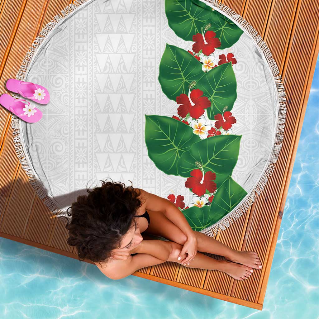 Hawaiian Taro Leaves-Hibiscus and Plumeria Beach Blanket Polynesian Art-Kakau Tattoo White LT03 - Polynesian Pride