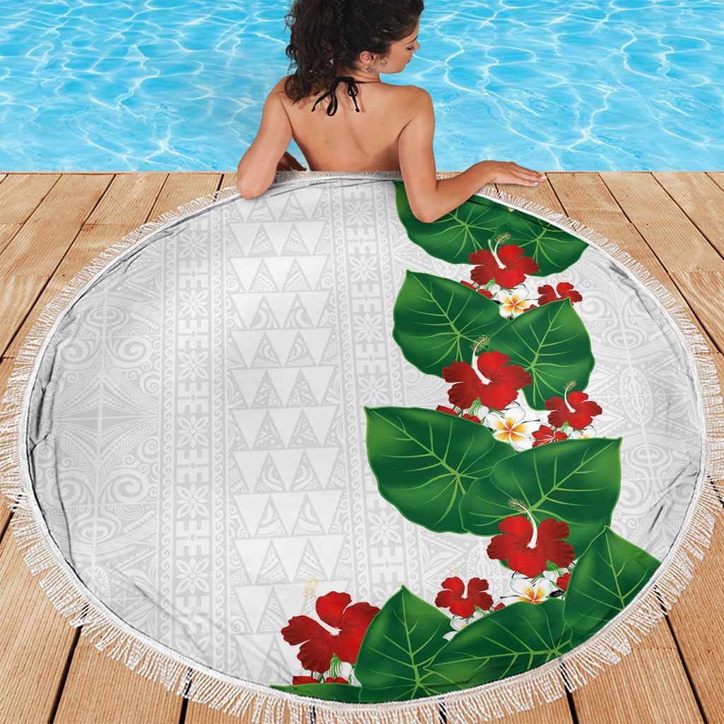 Hawaiian Taro Leaves-Hibiscus and Plumeria Beach Blanket Polynesian Art-Kakau Tattoo White LT03 - Polynesian Pride