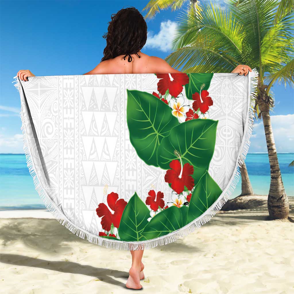 Hawaiian Taro Leaves-Hibiscus and Plumeria Beach Blanket Polynesian Art-Kakau Tattoo White LT03 - Polynesian Pride
