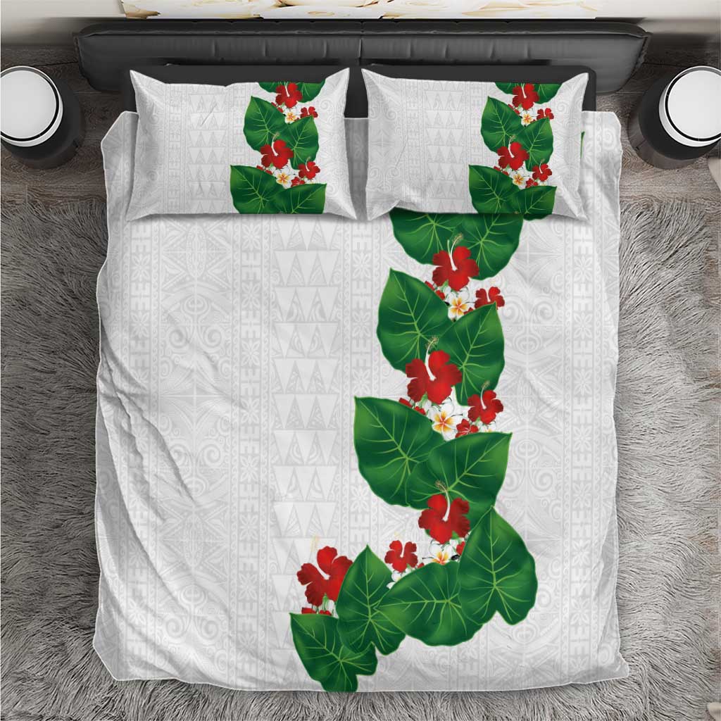 Hawaiian Taro Leaves-Hibiscus and Plumeria Bedding Set Polynesian Art-Kakau Tattoo White LT03 White - Polynesian Pride