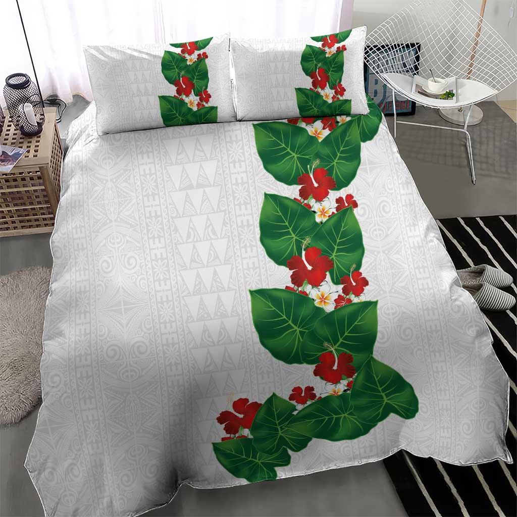 Hawaiian Taro Leaves-Hibiscus and Plumeria Bedding Set Polynesian Art-Kakau Tattoo White LT03 - Polynesian Pride
