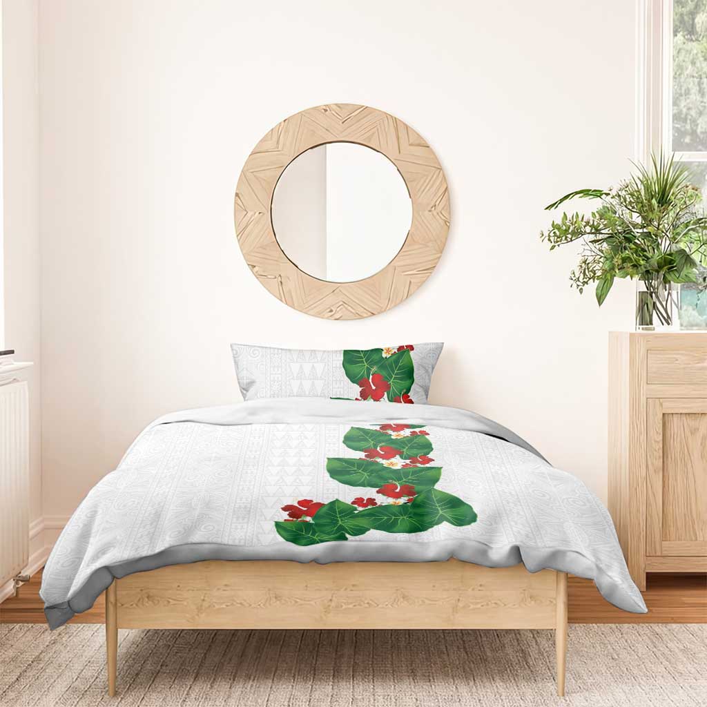 Hawaiian Taro Leaves-Hibiscus and Plumeria Bedding Set Polynesian Art-Kakau Tattoo White LT03 - Polynesian Pride