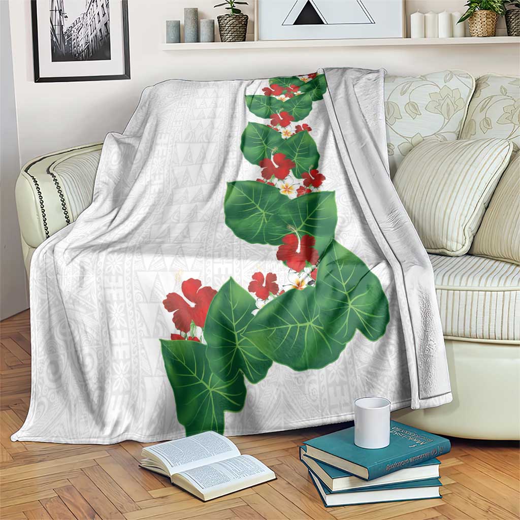 Hawaiian Taro Leaves-Hibiscus and Plumeria Blanket Polynesian Art-Kakau Tattoo White LT03 White - Polynesian Pride