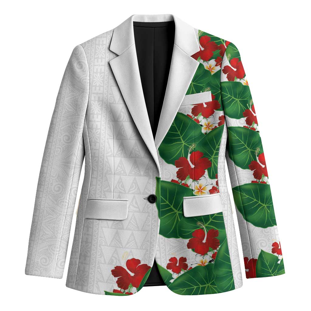 Hawaiian Taro Leaves-Hibiscus and Plumeria Blazer Polynesian Art-Kakau Tattoo White LT03 Unisex White - Polynesian Pride
