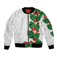 Hawaiian Taro Leaves-Hibiscus and Plumeria Bomber Jacket Polynesian Art-Kakau Tattoo White LT03 Unisex White - Polynesian Pride