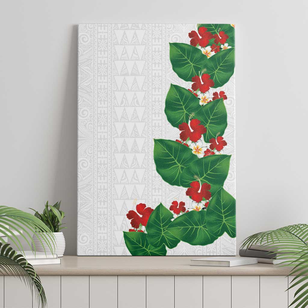 Hawaiian Taro Leaves-Hibiscus and Plumeria Canvas Wall Art Polynesian Art-Kakau Tattoo White LT03 - Polynesian Pride